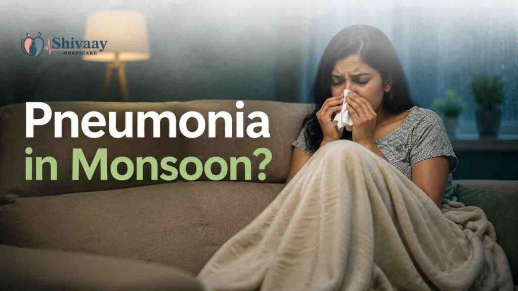 Woman with cold and cough symptoms sitting under a blanket during the monsoon season, highlighting pneumonia awareness.