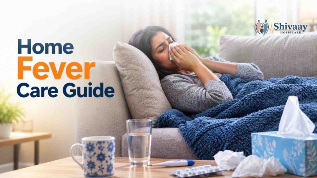 Woman resting on a sofa with fever symptoms while following home fever care guidance.