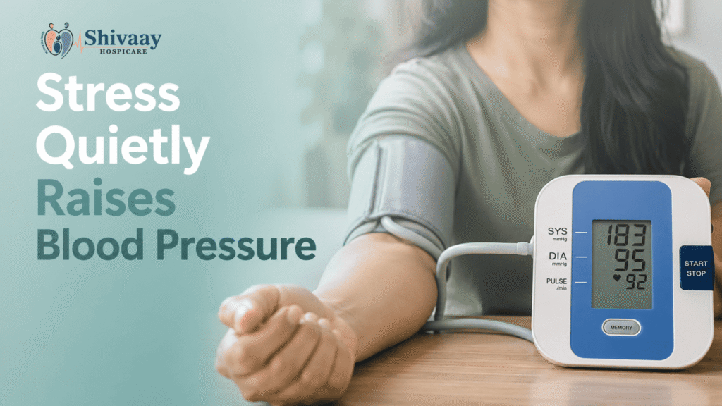 Person using a digital blood pressure monitor, showing how daily stress can silently raise blood pressure over time and affect heart health.