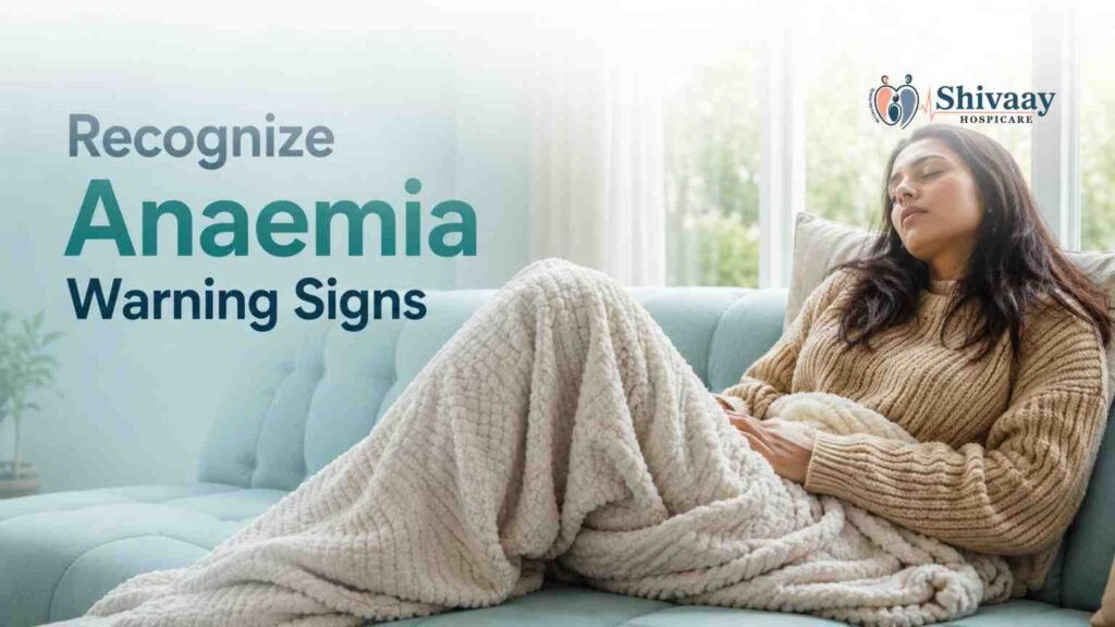 Woman resting on a sofa with fatigue, highlighting common warning signs of anaemia.