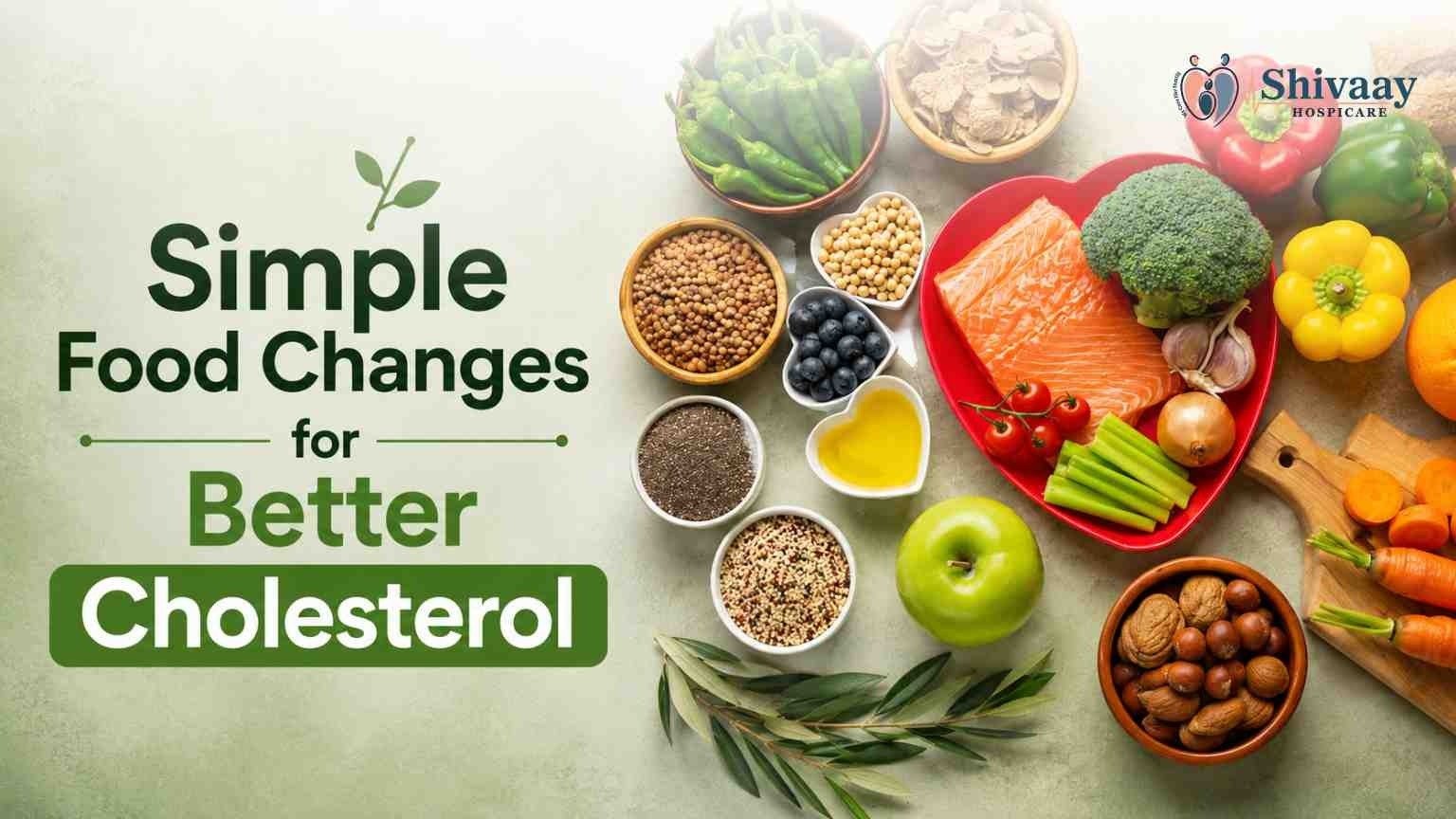 Selection of heart-healthy foods including salmon, broccoli, nuts, seeds, fruits, vegetables, and olive oil that support healthy cholesterol levels.