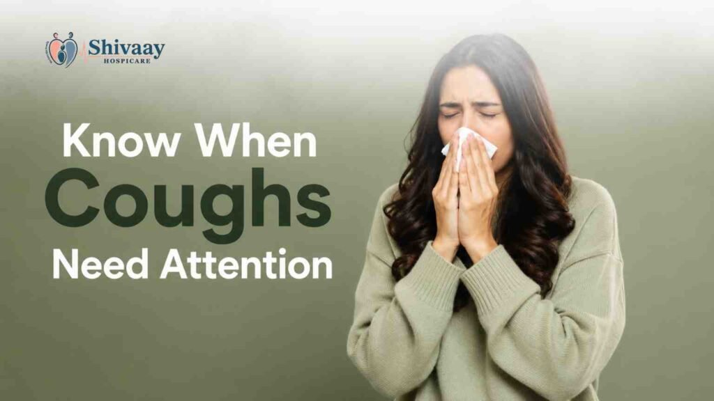 Woman covering her mouth with a tissue while coughing, representing a persistent cough that may require medical attention if it lasts too long.