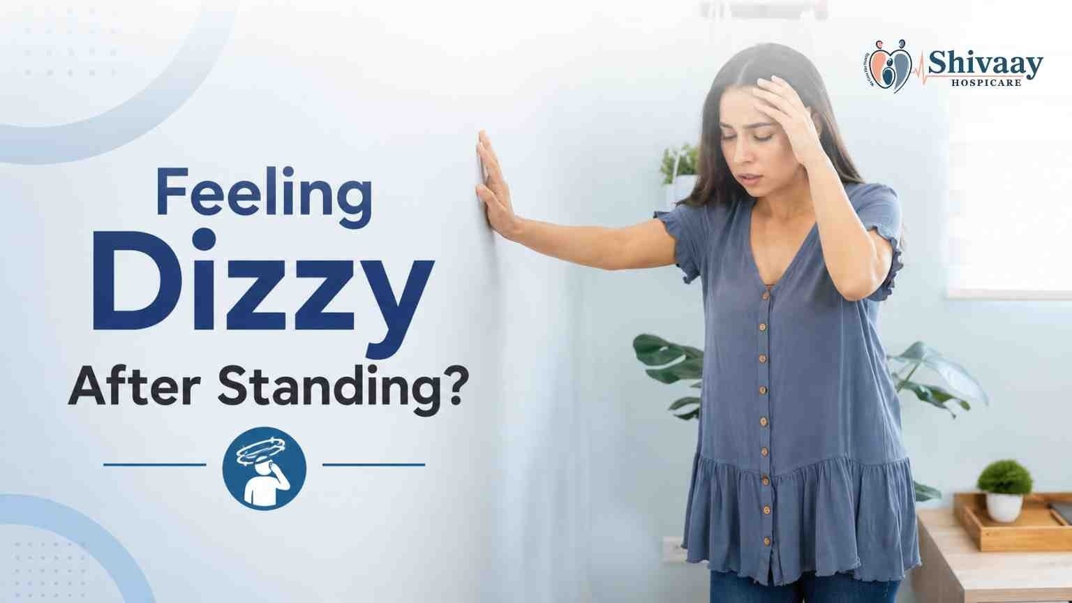 Woman experiencing dizziness after standing up quickly, supporting herself against a wall while holding her head, illustrating sudden lightheadedness.