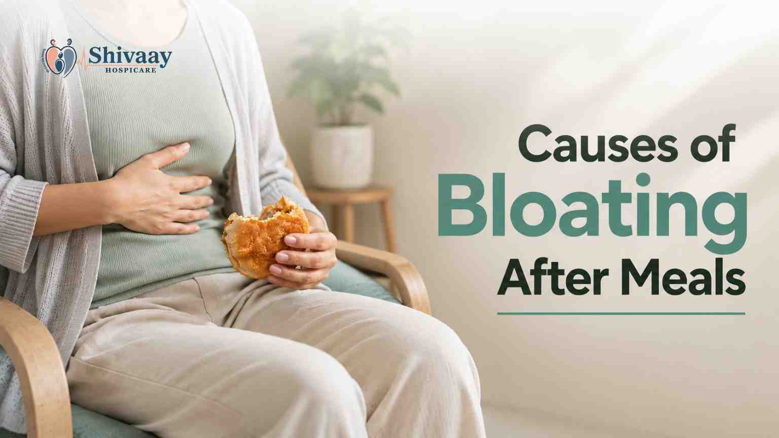 Woman experiencing abdominal discomfort while eating to illustrate causes of bloating after meals