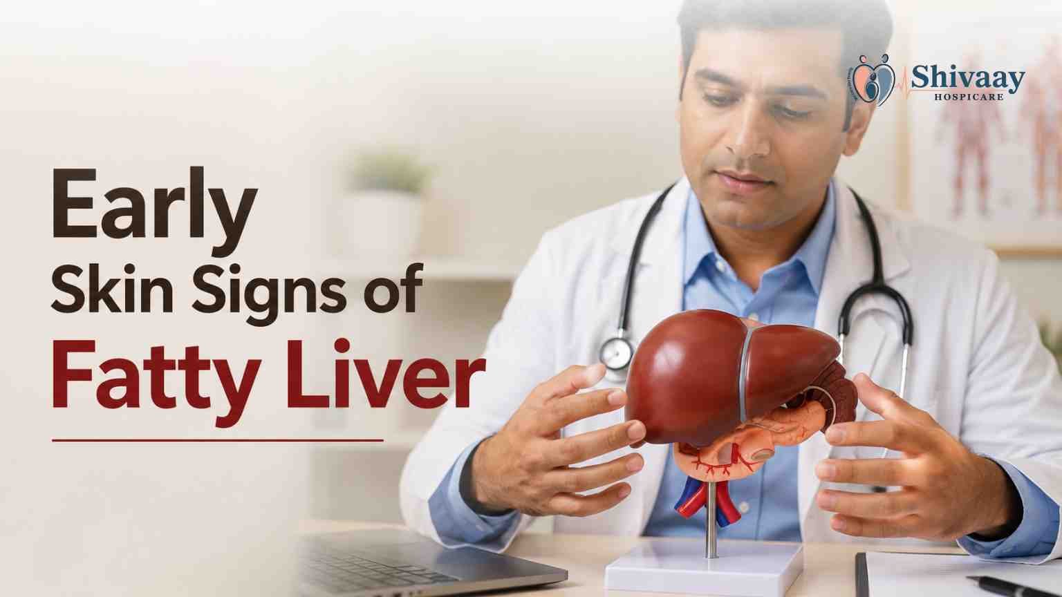 Doctor holding a liver model while explaining early skin signs of fatty liver