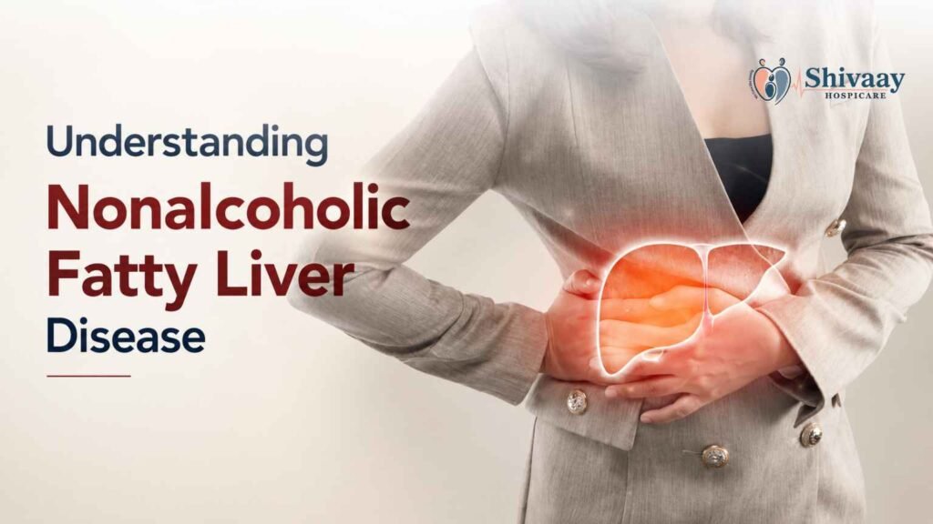 Woman holding her abdomen with an illustration highlighting a fatty liver