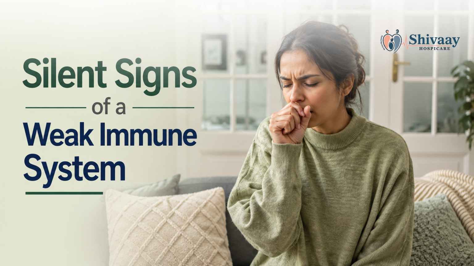 A woman sitting on a sofa and coughing, illustrating silent signs of a weak immune system.