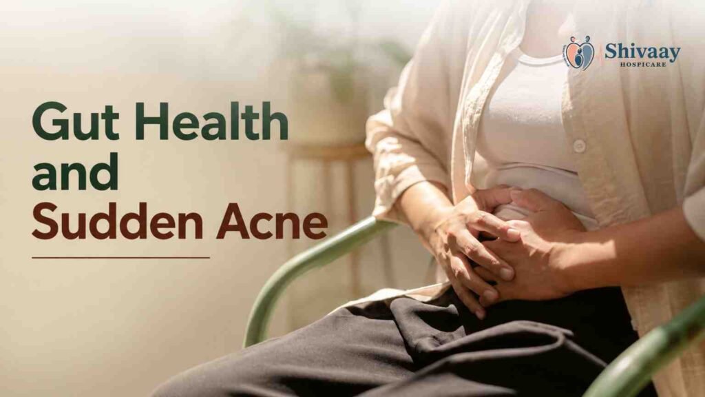 Woman holding her abdomen illustrating the connection between gut health and sudden acne breakouts