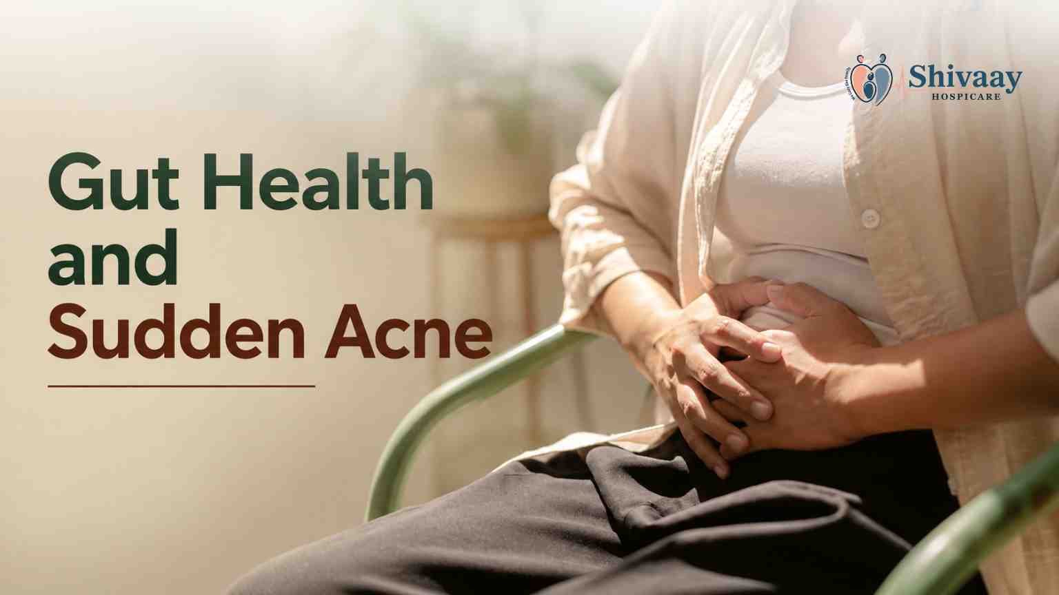 Woman holding her abdomen illustrating the connection between gut health and sudden acne breakouts