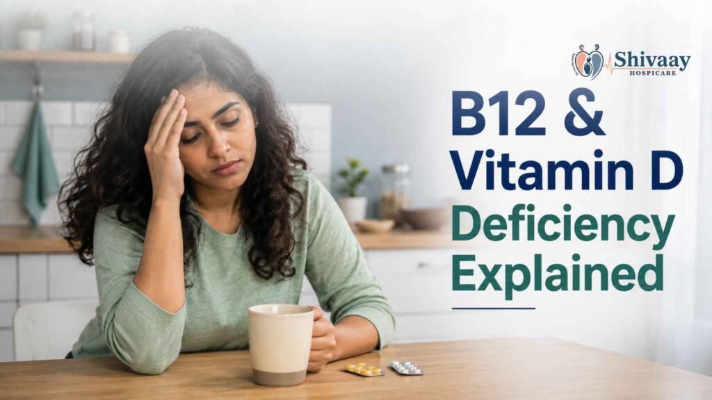 A woman experiencing fatigue while holding a cup of coffee, illustrating B12 and vitamin D deficiency.