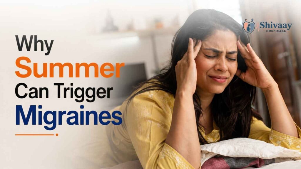 Woman experiencing a migraine while sitting in bed, illustrating how summer heat and dehydration can trigger headaches.