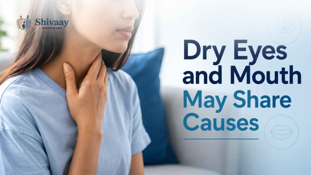 Woman experiencing dry mouth and throat discomfort illustrating how dry eyes and dry mouth may occur together.