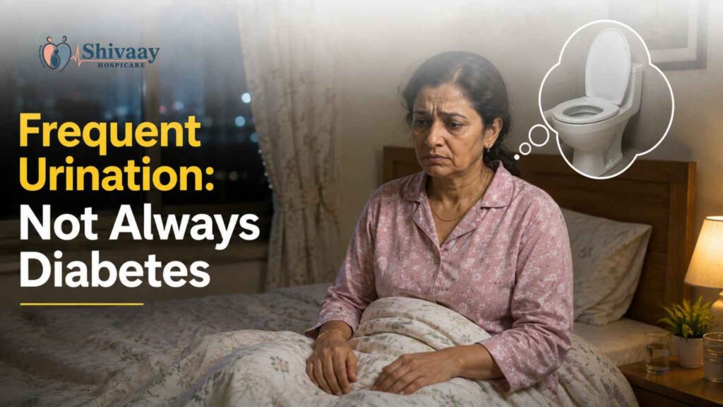 Woman sitting awake in bed at night due to frequent urination, highlighting that frequent urination is not always a sign of diabetes.