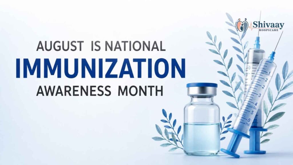 National Immunization Awareness Month banner featuring a vaccine vial and syringes promoting protection against preventable diseases.
