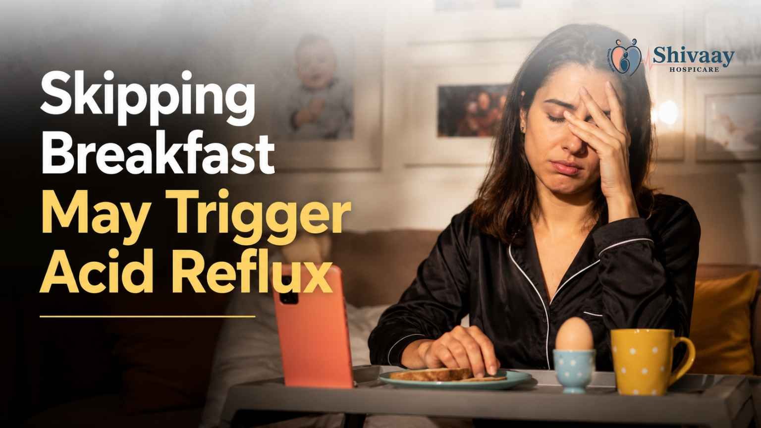 Woman skipping breakfast and experiencing discomfort illustrating how skipping breakfast may trigger acid reflux.