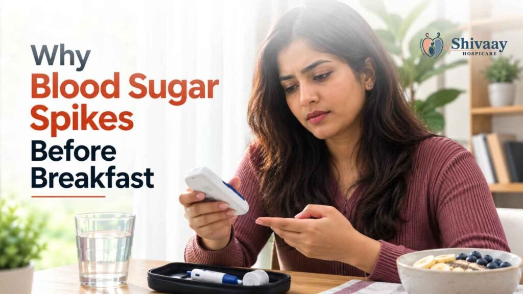 A woman checking her blood sugar with a glucose meter before breakfast, illustrating morning blood sugar spikes.