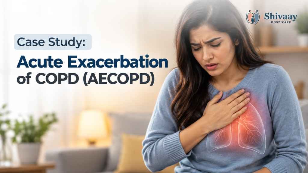 Acute exacerbation of COPD case study showing a woman experiencing breathing difficulty.