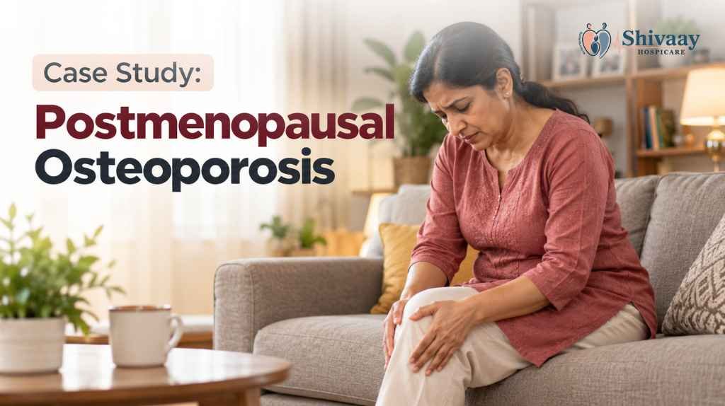 Postmenopausal osteoporosis case study showing a woman experiencing knee pain.