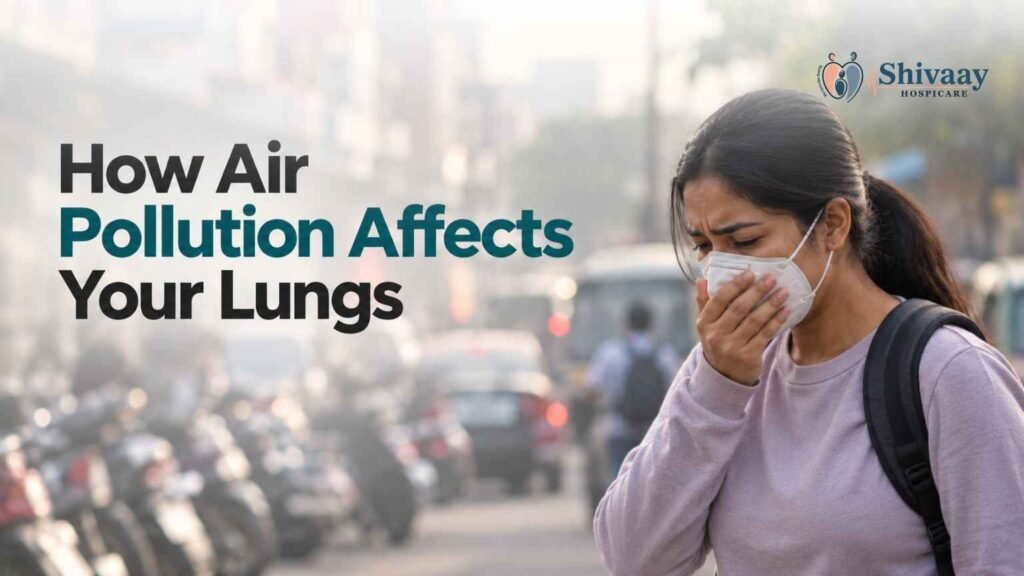 Woman wearing a mask in a polluted city, highlighting the effects of air pollution on lung health.