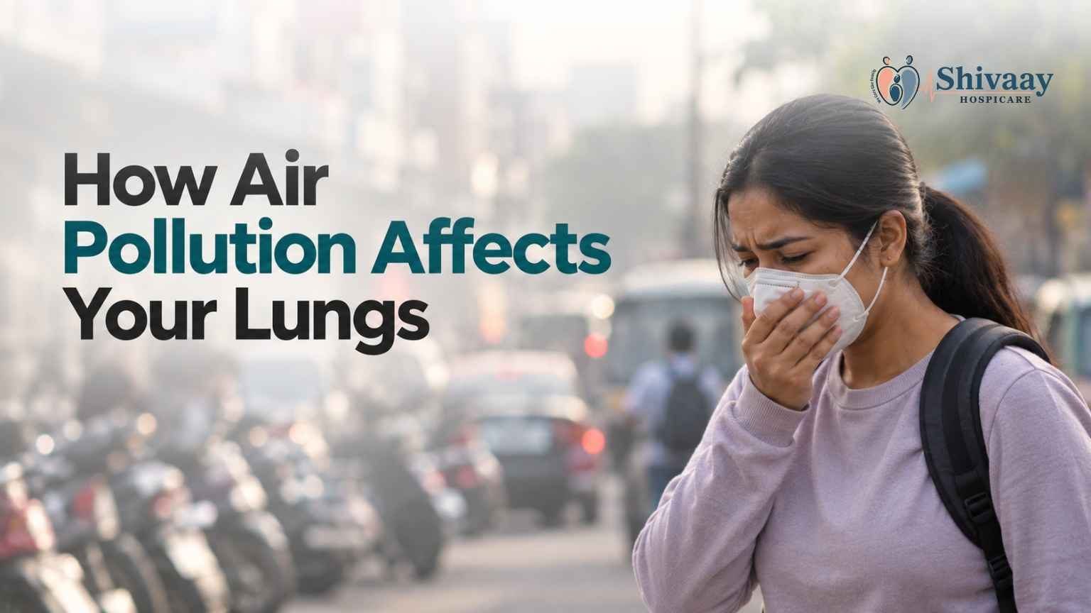 Woman wearing a mask in a polluted city, highlighting the effects of air pollution on lung health.