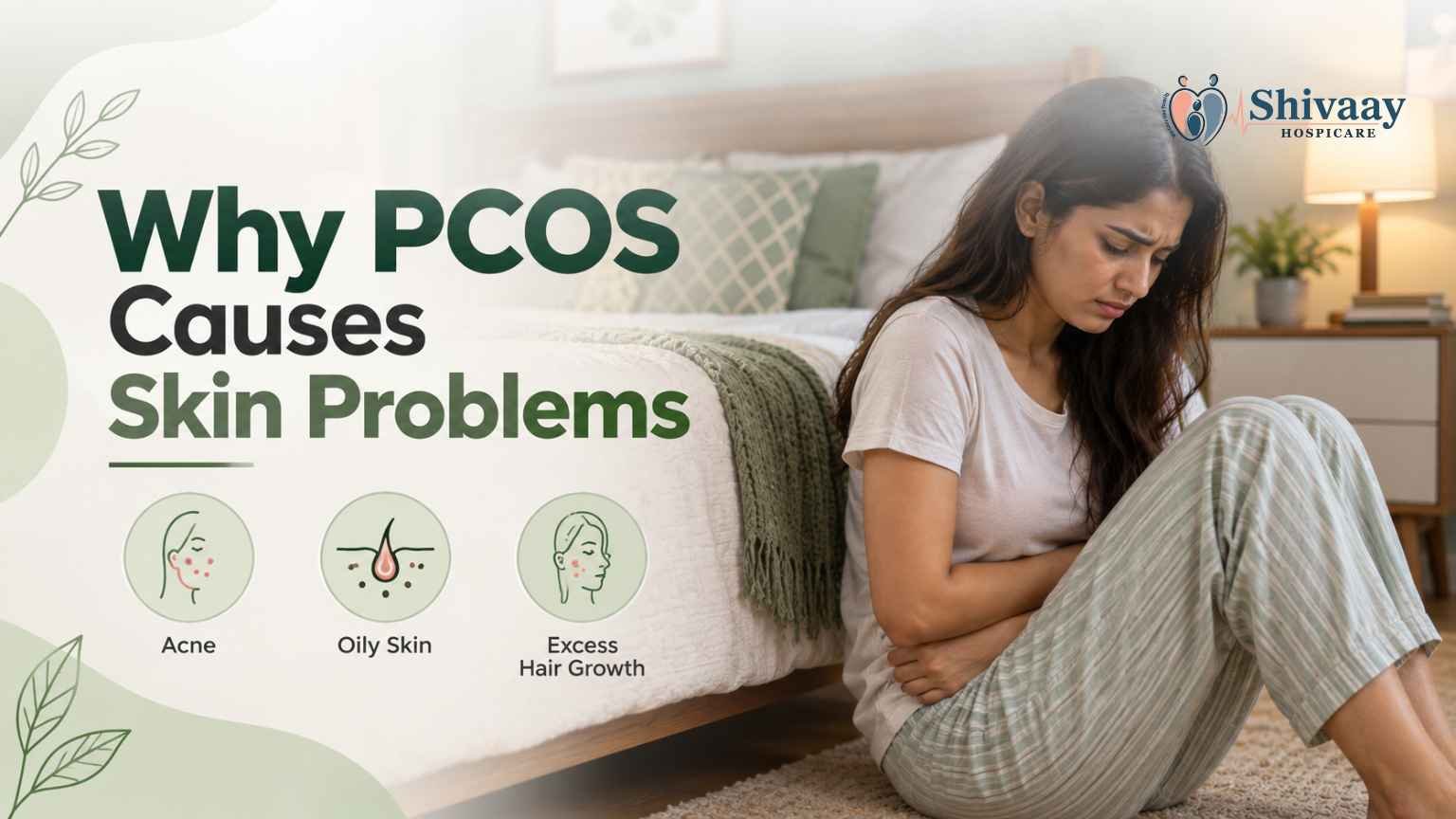 PCOS-related skin problems, including acne, oily skin, and excess hair growth in women.