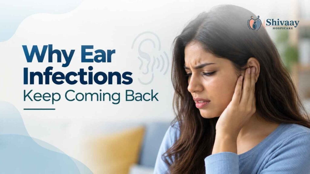 Woman experiencing discomfort from recurring ear infections.