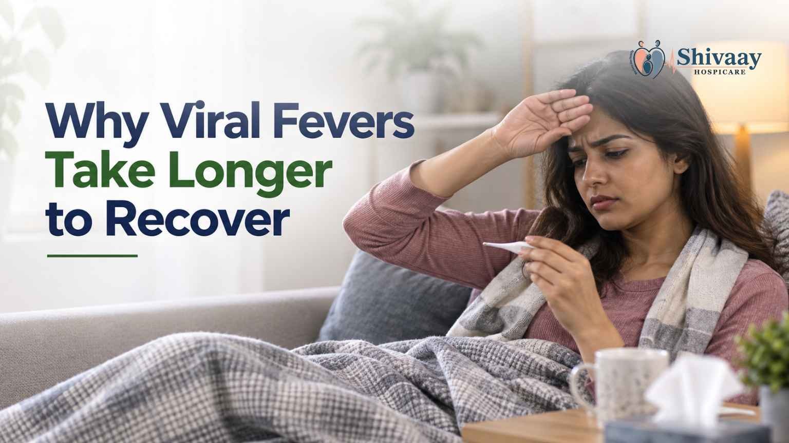 Woman with a fever resting at home and checking her temperature while recovering from illness.