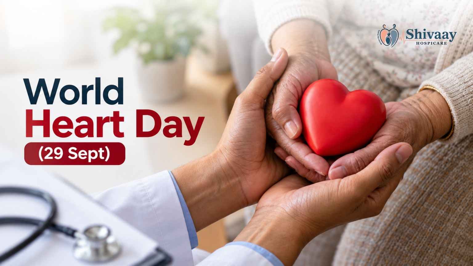 World Heart Day graphic featuring a doctor holding a red heart, with the date September 29.