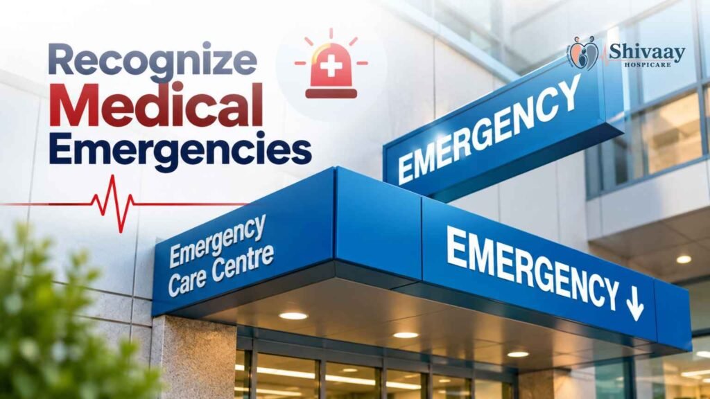 Hospital emergency entrance with emergency signage and a graphic highlighting medical emergency awareness.