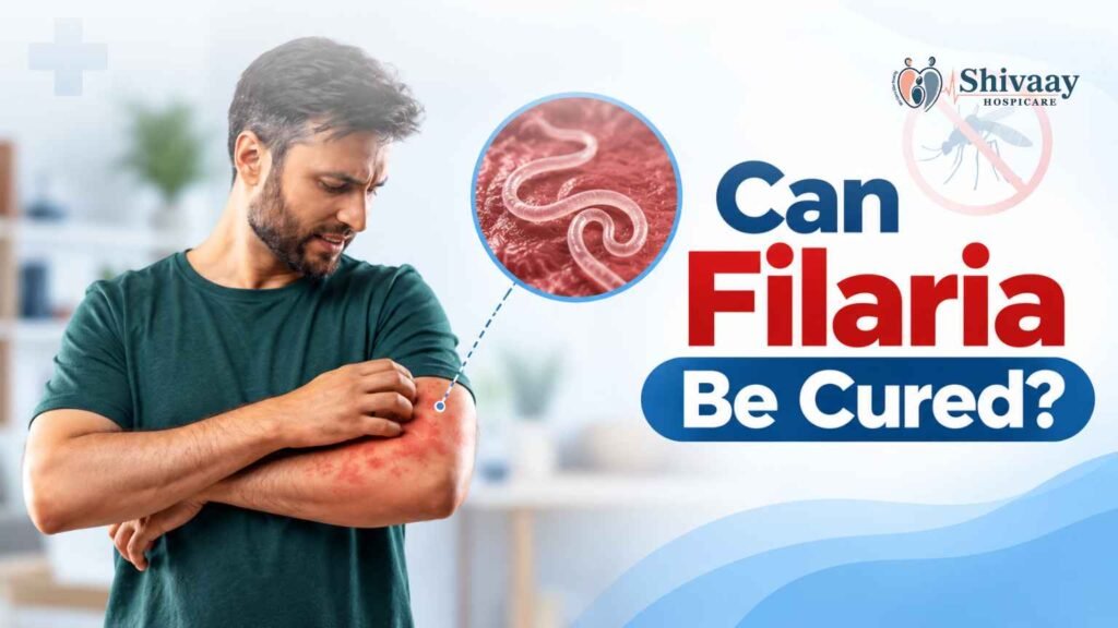 Man examining a skin rash with a parasite illustration, highlighting filaria treatment and recovery.