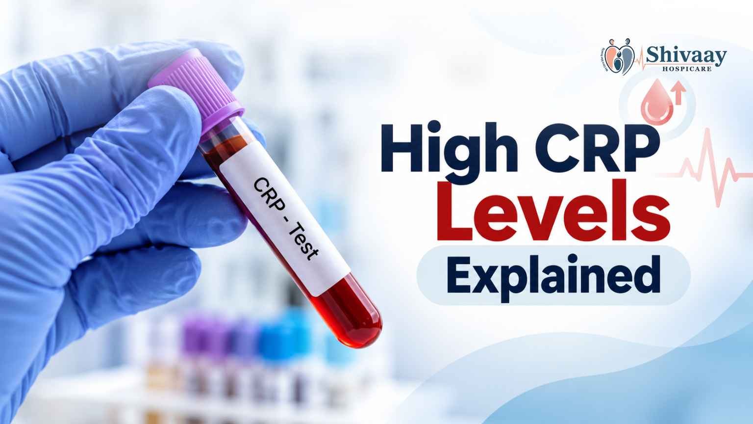 Gloved hand holding a CRP blood test tube with text explaining elevated CRP levels.