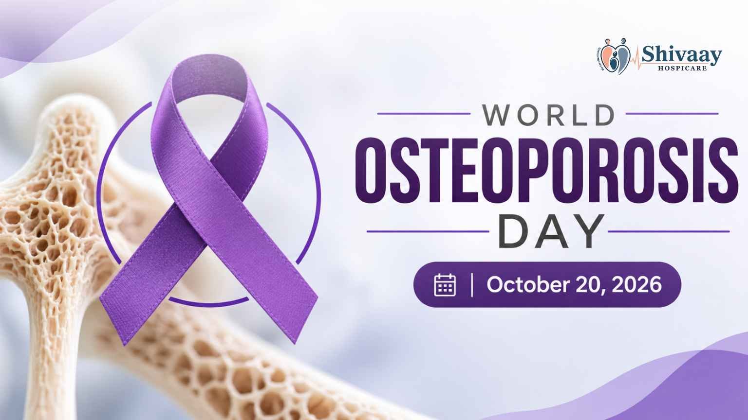 Purple awareness ribbon beside a porous bone illustration promoting osteoporosis awareness and screening.